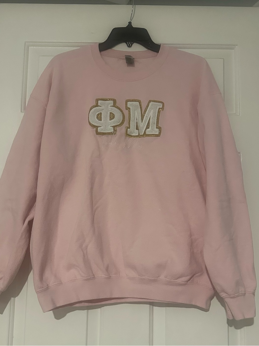 Gildan Pink Crewneck Sweatshirt with Gold-Trim Greek Letters